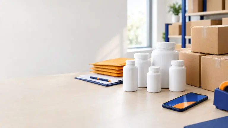 Barattoli di integratori senza etichetta su un banco di preparazione ordini, scatole di cartone pronte per la spedizione e uno smartphone acceso, luce naturale
