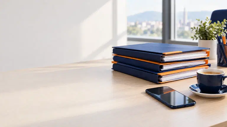 Scrivania di un ufficio assicurativo con fascicoli di polizze chiusi, uno smartphone appoggiato accanto a una tazza di caffè, luce naturale dalla finestra