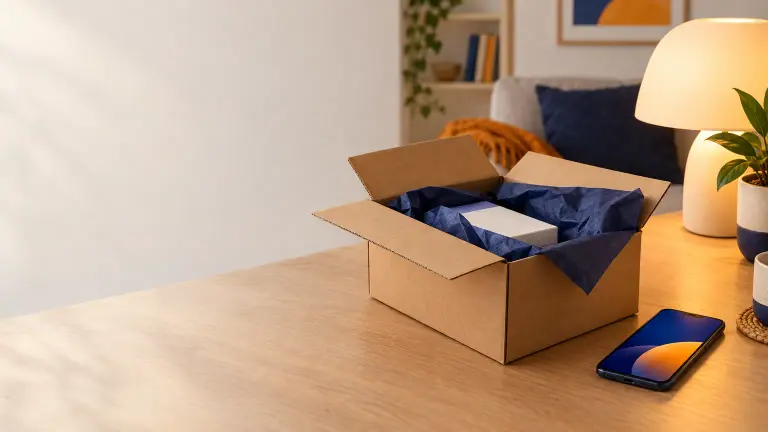 Un pacco appena aperto su un tavolo di casa, accanto uno smartphone acceso e una lampada da sera, luce calda e ambiente domestico ordinato