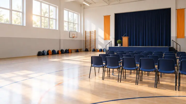 Palestra di una scuola allestita con un piccolo palco e file di sedie vuote, zaini appoggiati lungo la parete, luce del mattino dalle finestre