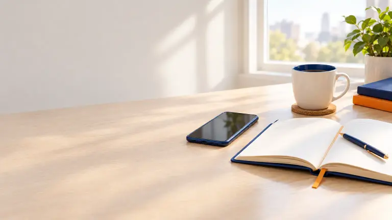Scrivania di casa con uno smartphone appoggiato accanto a un'agenda aperta e a una tazza, luce del mattino da una finestra, nessuna scritta leggibile