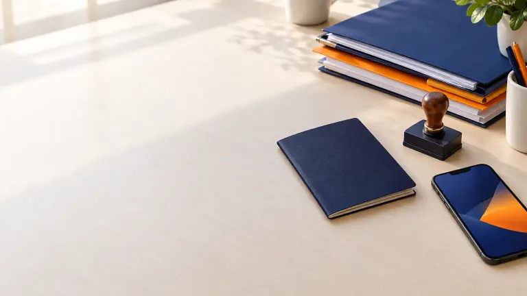 Una scrivania d'ufficio con cartelline di documenti, un passaporto chiuso dalla copertina scura e neutra, un timbro e uno smartphone acceso, luce del mattino