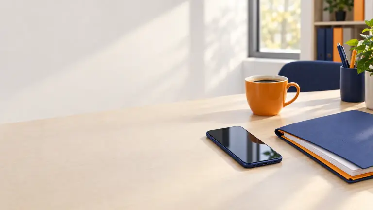 Scrivania di un piccolo ufficio di consulenza con uno smartphone appoggiato accanto a una cartellina di documenti e una tazza di caffè, luce del pomeriggio