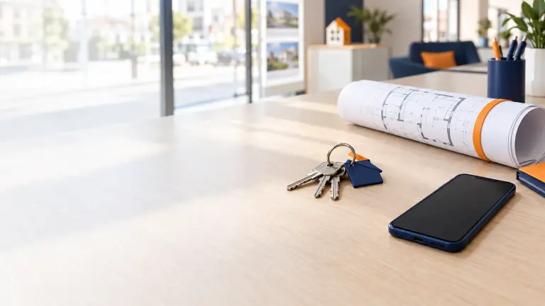 Una scrivania di un'agenzia immobiliare con un mazzo di chiavi, una planimetria arrotolata e uno smartphone acceso con lo schermo vuoto, luce naturale che entra dalla vetrina