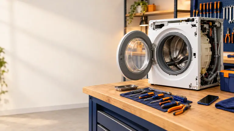 Il banco di un laboratorio di riparazione con una lavatrice aperta senza marchi visibili, attrezzi ordinati e uno smartphone appoggiato accanto, luce calda di officina