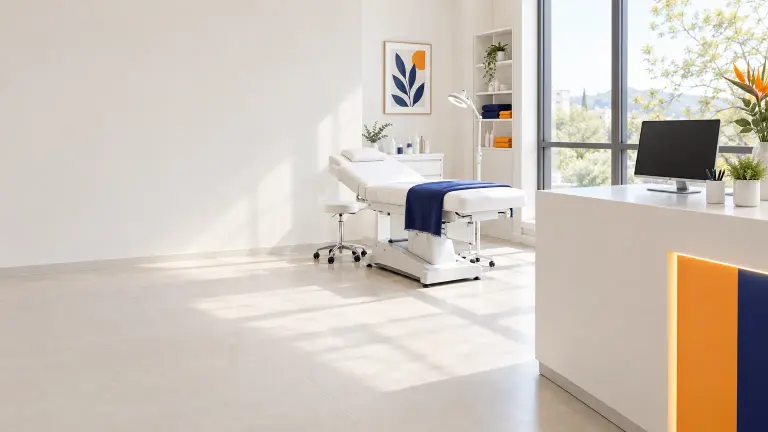 Studio di medicina estetica luminoso e vuoto con lettino da trattamento, una scrivania di reception con un monitor spento e luce naturale dalla finestra