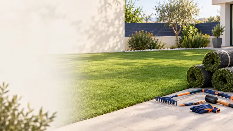 Un giardino privato con erba sintetica appena posata, rotoli di prato accatastati e attrezzi da posa sul vialetto, luce del pomeriggio, nessuna persona in vista
