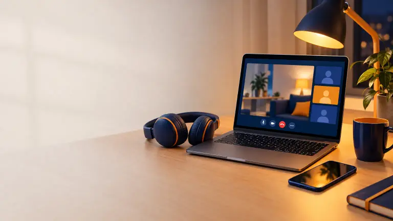 Scrivania di sera con un portatile aperto su una diretta video, cuffie appoggiate e uno smartphone accanto alla tastiera, luce calda di una lampada