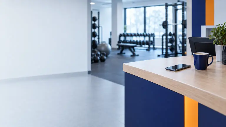 La reception di una palestra al mattino presto, bancone vuoto con uno smartphone appoggiato e una tazza di caffè, attrezzi sfocati sullo sfondo, luce fredda