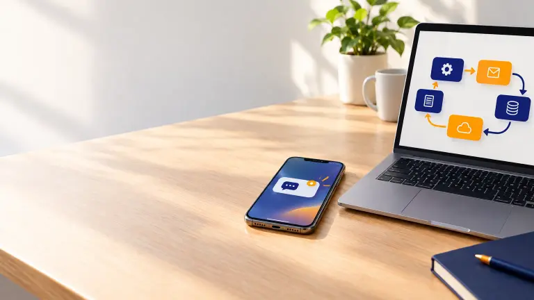 Scrivania in legno alla luce del mattino con uno smartphone che riceve una notifica di chat e, accanto, un laptop con blocchi colorati collegati da frecce che formano un flusso automatico